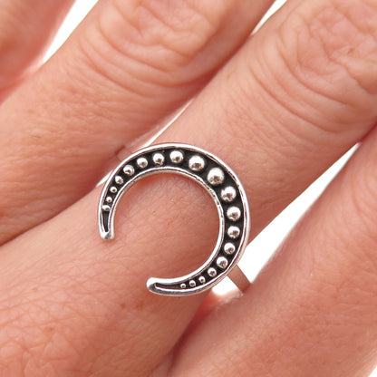 925 Sterling Silver Vintage Crescent Beaded Oxidized Ring Size 9