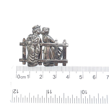 BEAU 925 Sterling Silver Vintage Kissing Couple Along a Fence Oxidized Brooch