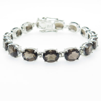 HAN 925 Sterling Silver Real Oval-Cut Smoky Quartz Tennis Link Bracelet 7"