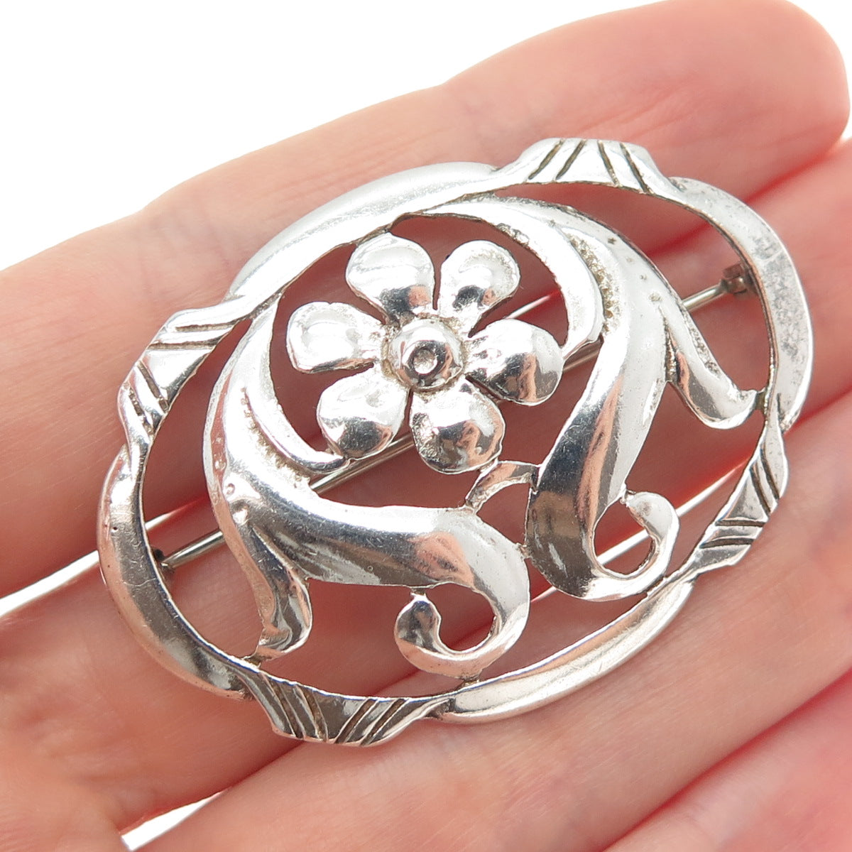 925 Sterling Silver Vintage Flower Blossom Oxidized Pin Brooch