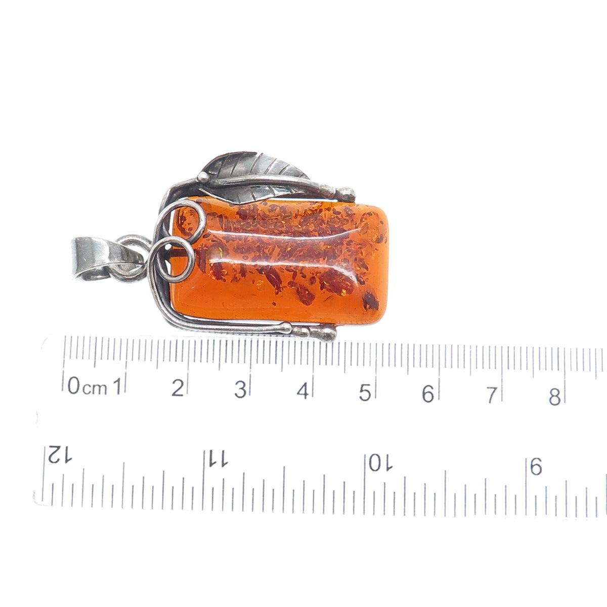 925 Sterling Silver Vintage Real Baltic Amber Leaf Modernist Oxidized Pendant