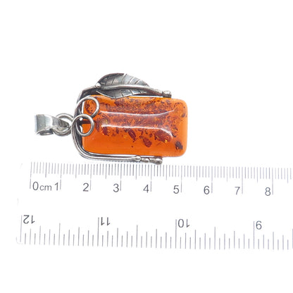 925 Sterling Silver Vintage Real Baltic Amber Leaf Modernist Oxidized Pendant