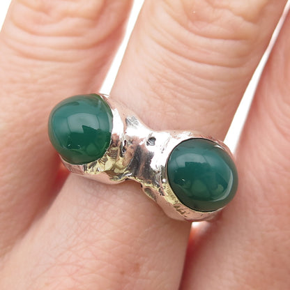 925 Sterling Silver Vintage Real Green Onyx Modernist Oxidized Ring Size 8.5