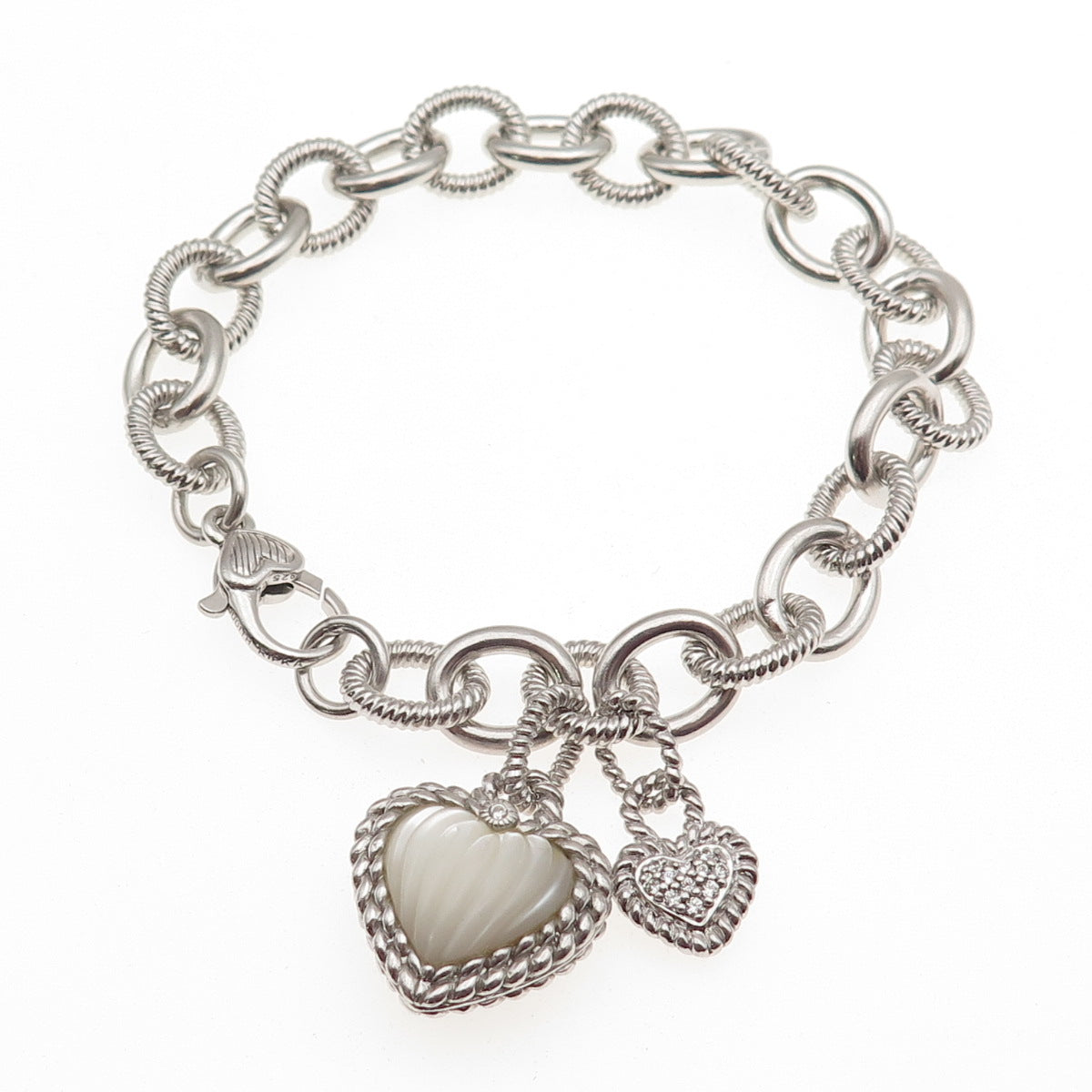 JUDITH RIPKA 925 Sterling Silver Real MOP & C Z Heart Charm Bracelet 7"