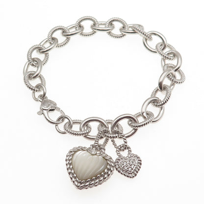 JUDITH RIPKA 925 Sterling Silver Real MOP & C Z Heart Charm Bracelet 7"