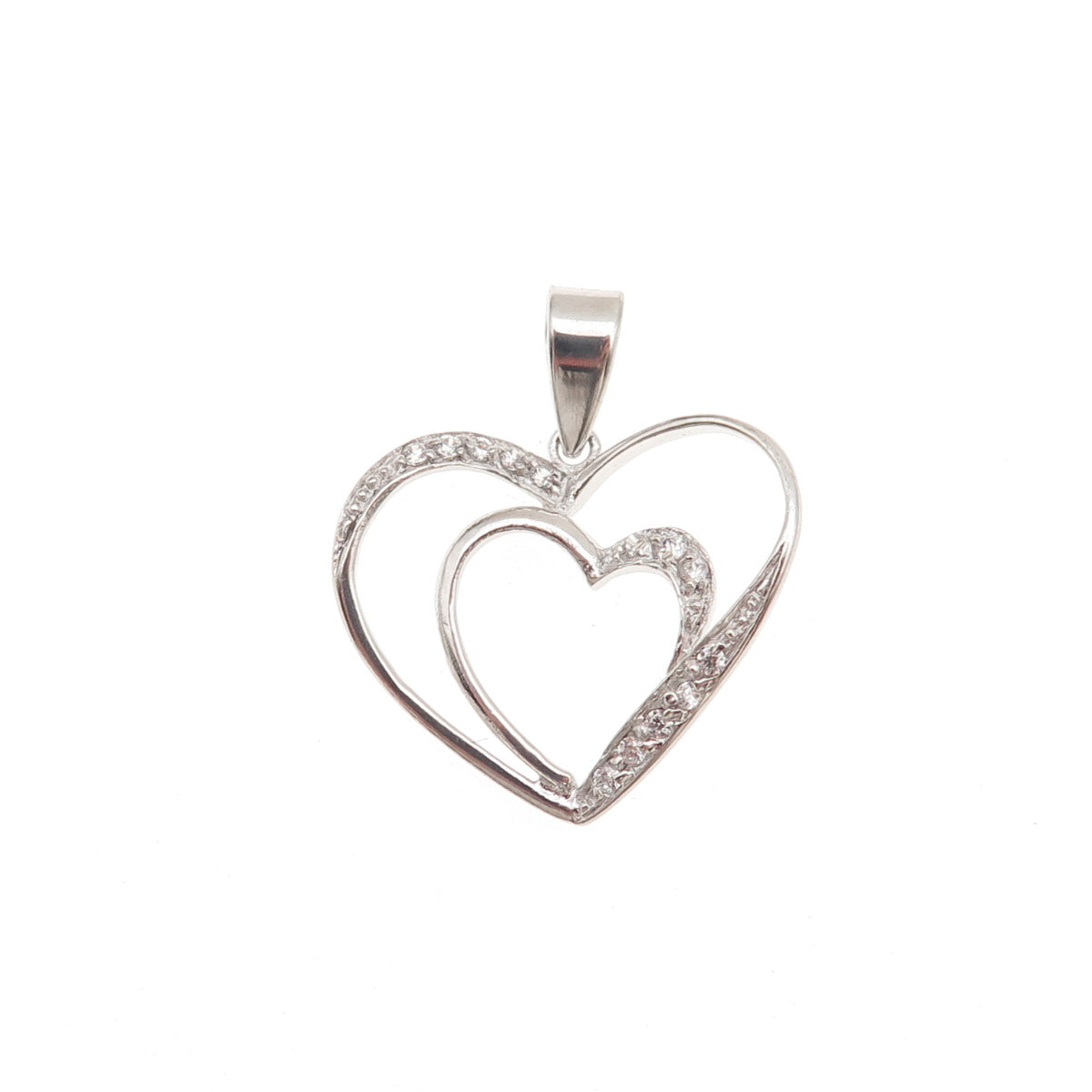 925 Sterling Silver Round-Cut C Z Double Heart Mini Charm Pendant