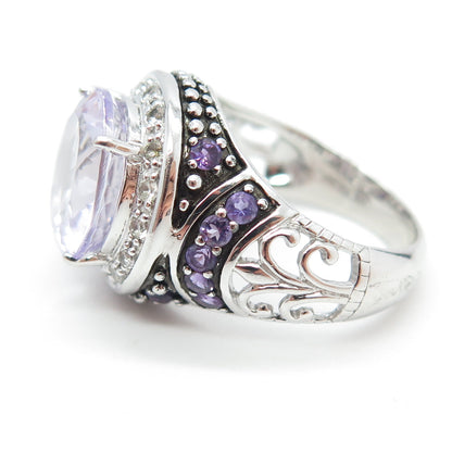 925 Sterling Silver Real White Topaz & Amethyst Gemstone Ring Size 7