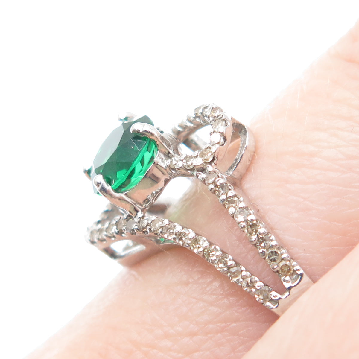 925 Sterling Silver Real Round-Cut Diamond & Chrome Diopside Ring Size 7.5