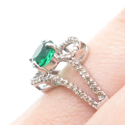 925 Sterling Silver Real Round-Cut Diamond & Chrome Diopside Ring Size 7.5