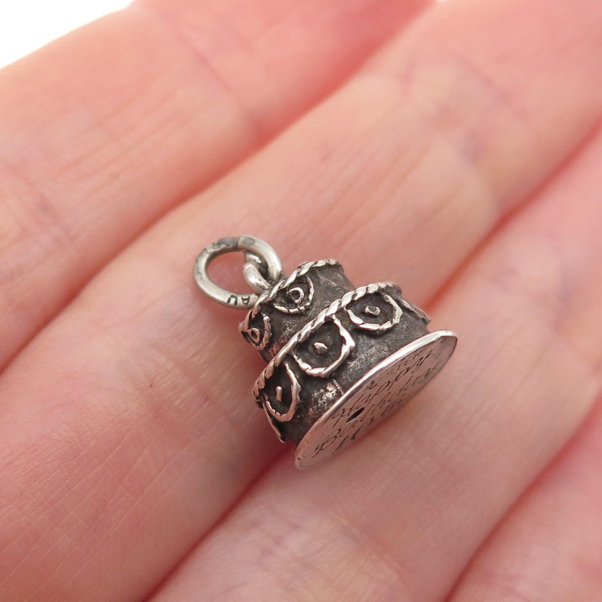 BEAU 925 Sterling Silver Antique Art Deco Happy Birthday Cake 3D Mini Pendant