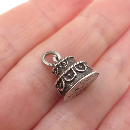 BEAU 925 Sterling Silver Antique Art Deco Happy Birthday Cake 3D Mini Pendant