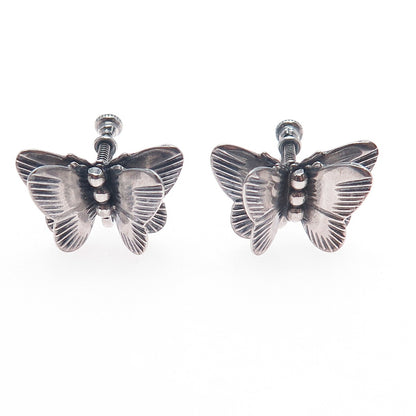 925 Sterling Silver Antique Art Deco Butterfly Oxidized Screw Back Earrings