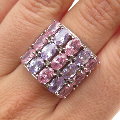 925 Sterling Silver Oval-Cut Lavender & Pink C Z Cluster Ring Size 7