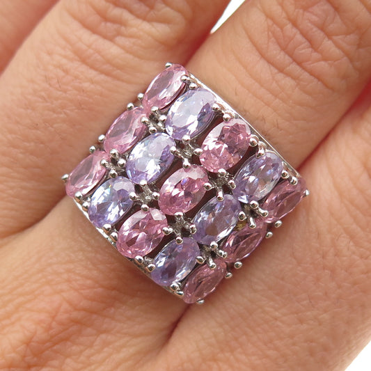 925 Sterling Silver Oval-Cut Lavender & Pink C Z Cluster Ring Size 7