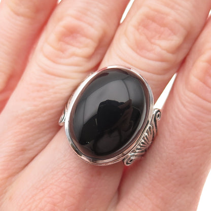 925 Sterling Silver Vintage Black Onyx Art Deco Style Oxidized Ring Size 7.25