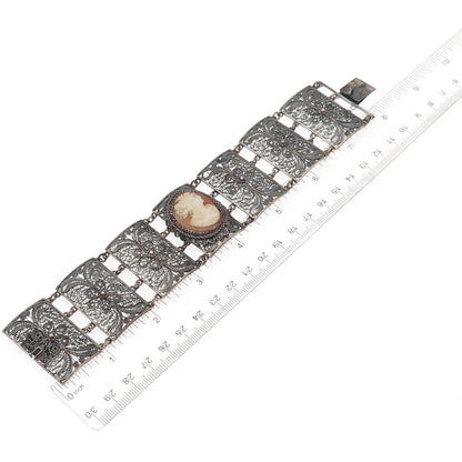 Silver-Tone Antique Art Deco Real MOP Cameo Filigree Panel Link Bracelet 8"