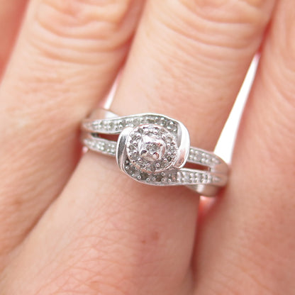 925 Sterling Silver Real Round-Cut Diamond Swirl Flower Ring Size 7