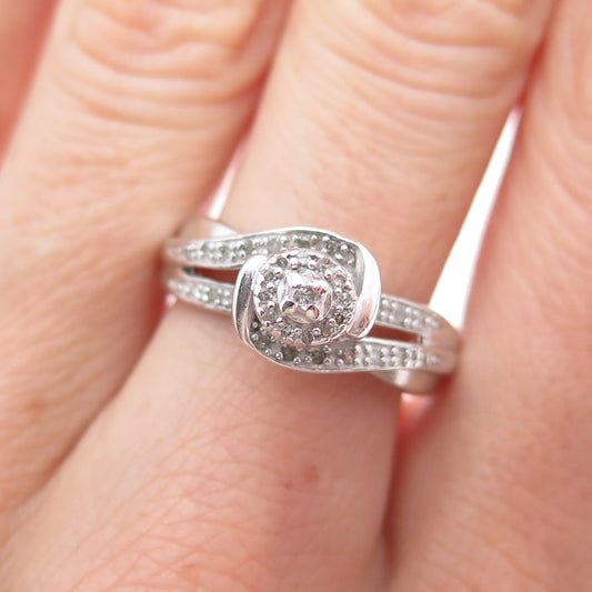 925 Sterling Silver Real Round-Cut Diamond Swirl Flower Ring Size 7