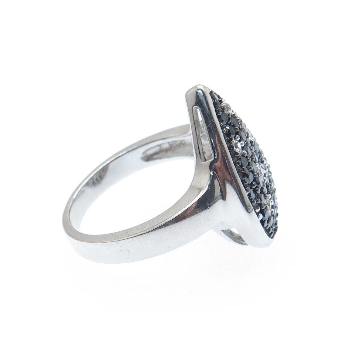 925 Sterling Silver Real Black Spinel Gemstone & C Z Teardrop Ring Size 7