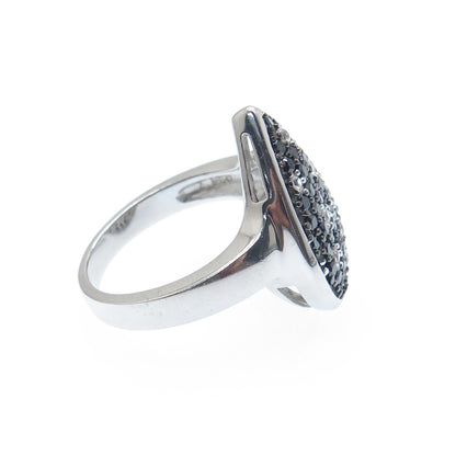 925 Sterling Silver Real Black Spinel Gemstone & C Z Teardrop Ring Size 7