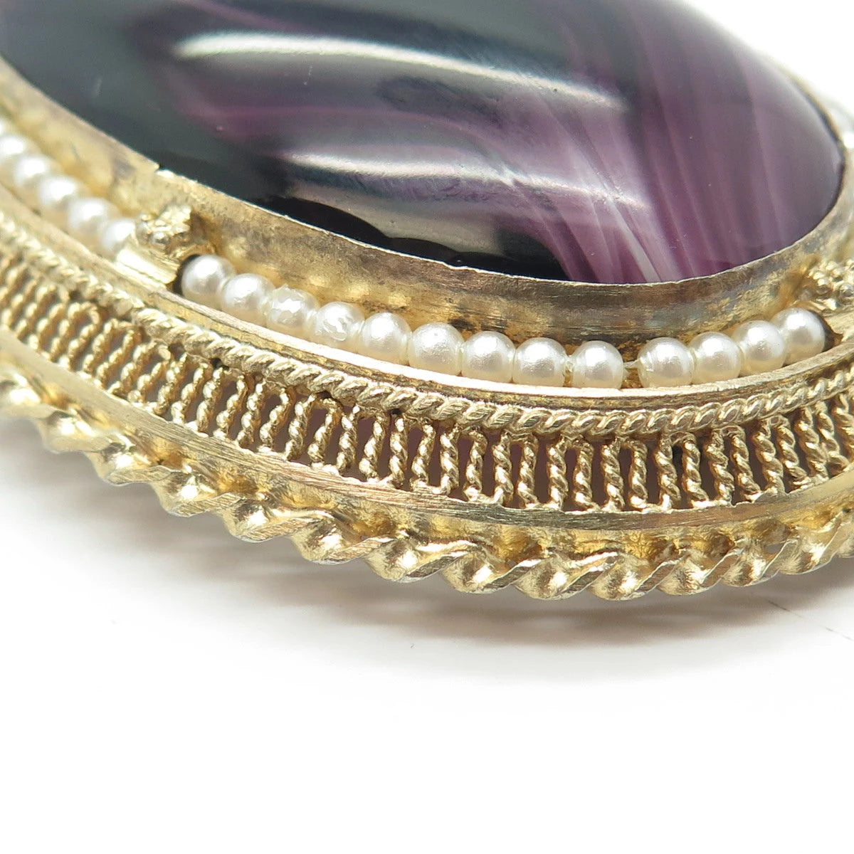 925 Sterling Silver Gold Plated Vintage Real Pearl & Lavender Glass Pin Brooch