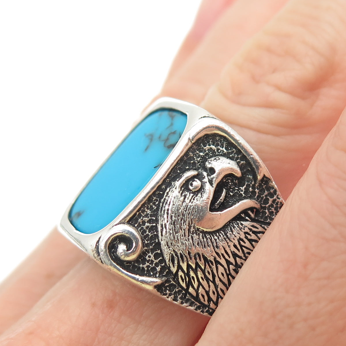925 Sterling Silver Vintage Real Bisbee Turquoise Eagle Oxidized Ring Size 11.25