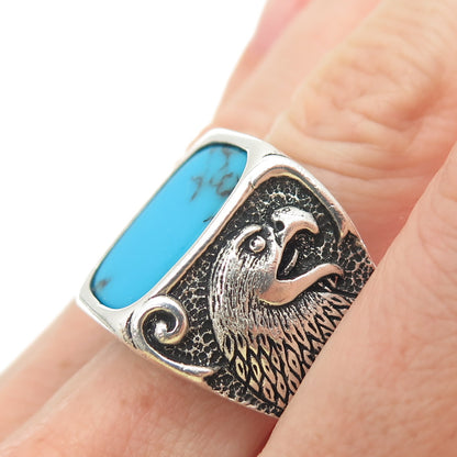 925 Sterling Silver Vintage Real Bisbee Turquoise Eagle Oxidized Ring Size 11.25