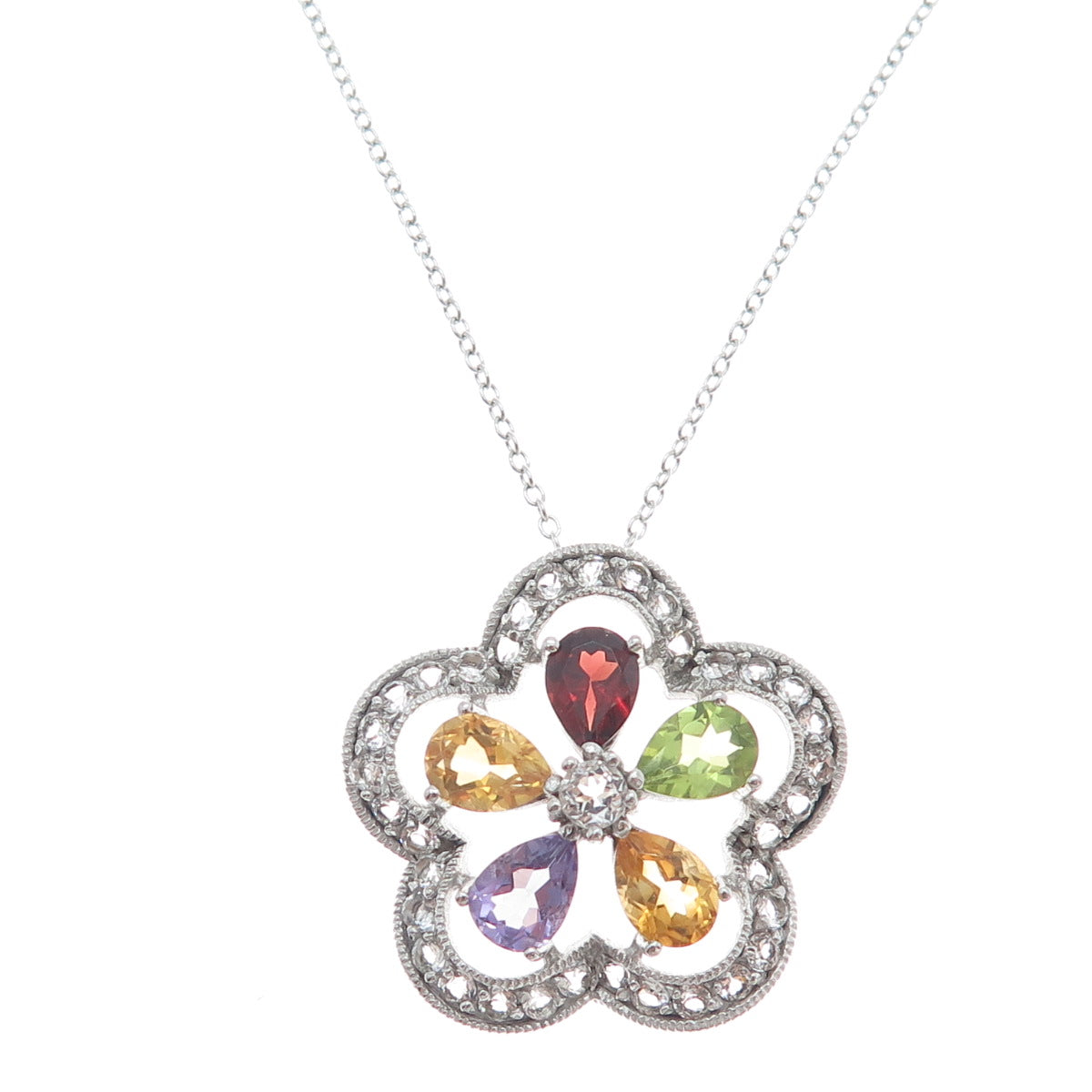 925 Sterling Silver Topaz Garnet Amethyst Citrine Peridot Flower Necklace 16-18"
