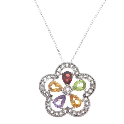 925 Sterling Silver Topaz Garnet Amethyst Citrine Peridot Flower Necklace 16-18"