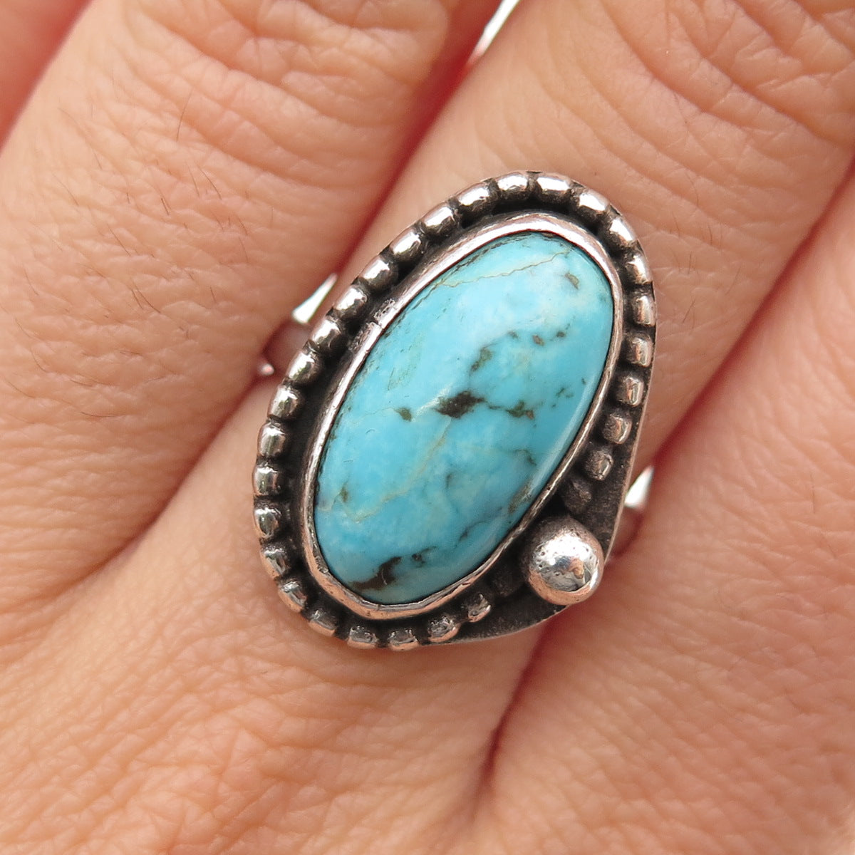 Old Pawn 925 Sterling Silver Vintage Southwestern Tyrone Turquoise Ring Size 7.5