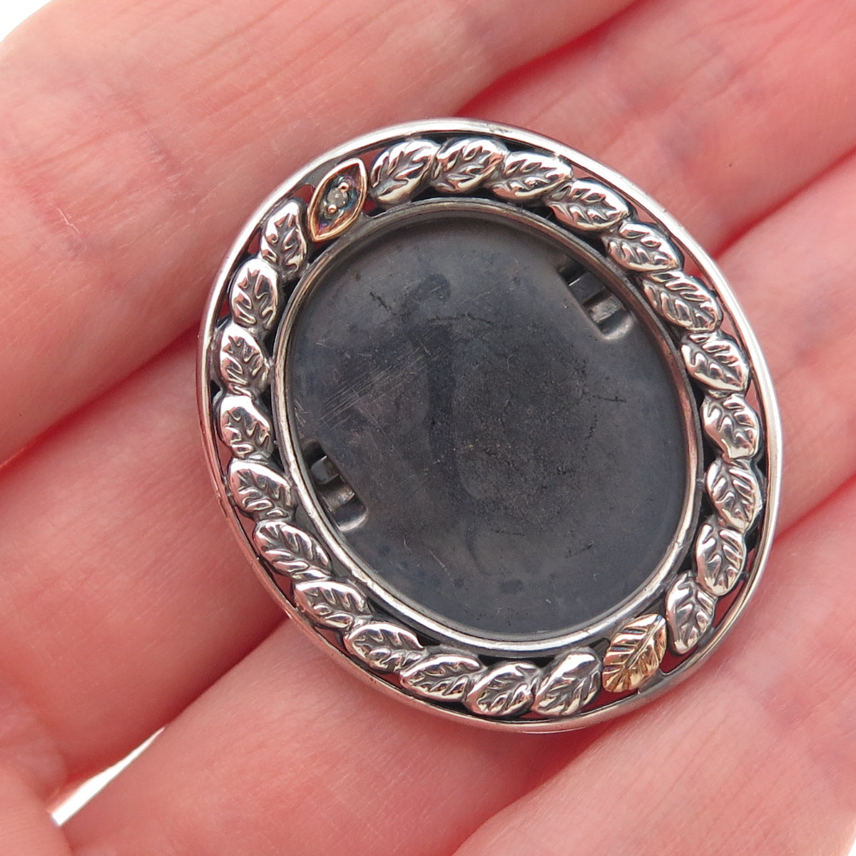 925 Sterling Silver 10K Gold Vintage Real Diamond Picture Frame Brooch / Pendant