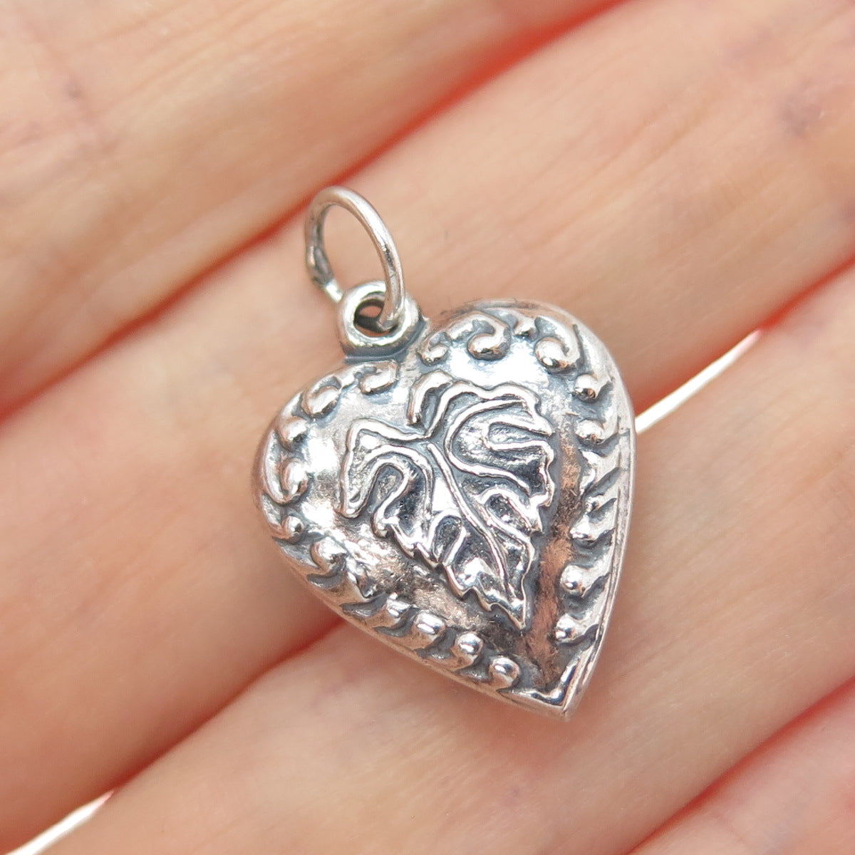 925 Sterling Silver Antique Art Deco Oak Leaf Heart Chatelaine Charm Pendant