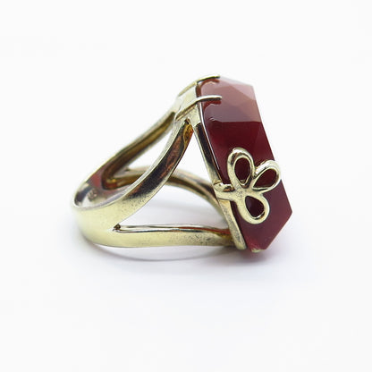 925 Sterling Silver Gold Plated Fiber Optic Cat's Eye Gem Square Ring Size 8