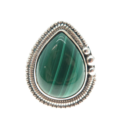 925 Sterling Silver Vintage Southwestern Real Malachite Teardrop Ring Size 6.25