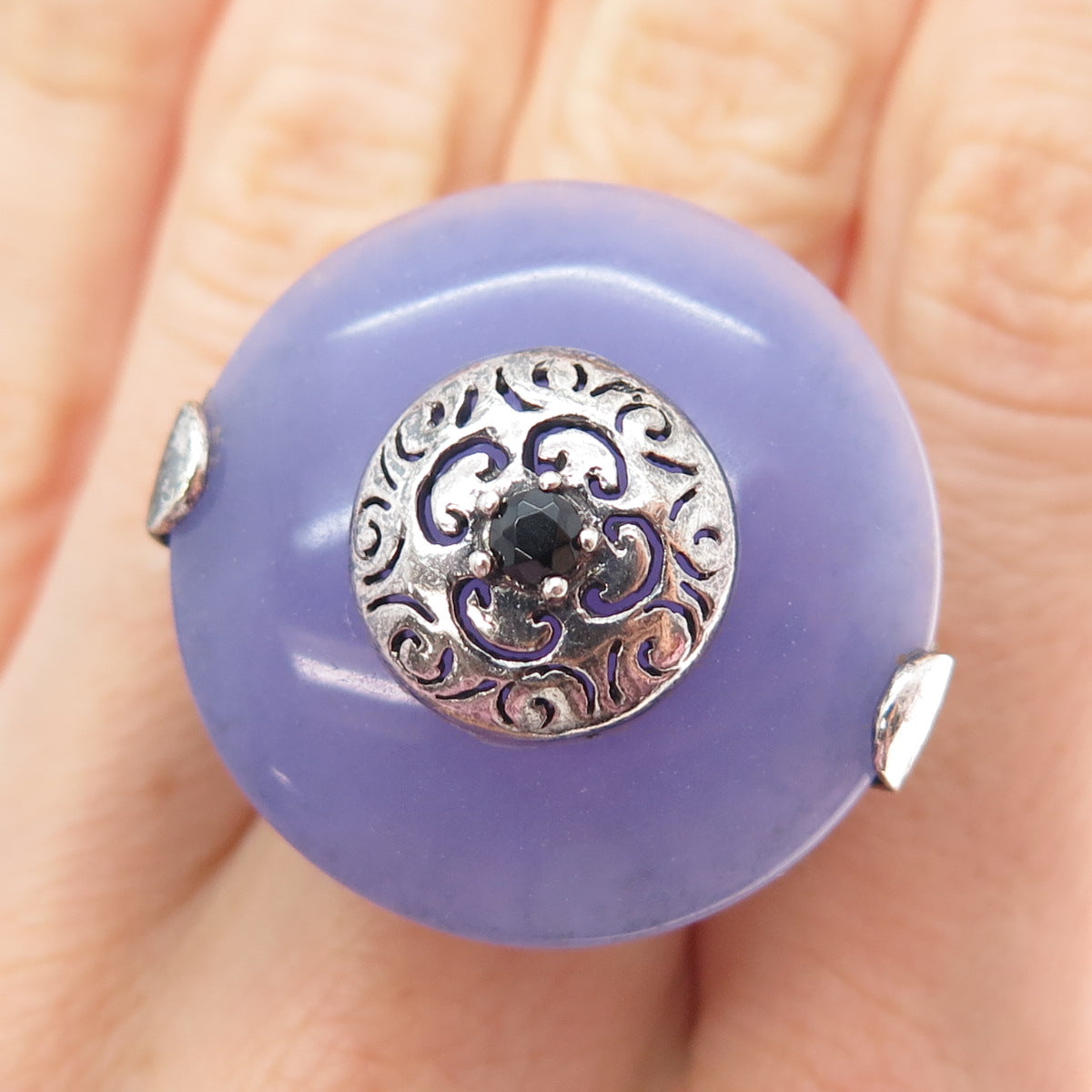 925 Sterling Silver Vintage Real Lavender Jade Black Onyx Statement Ring Size 7