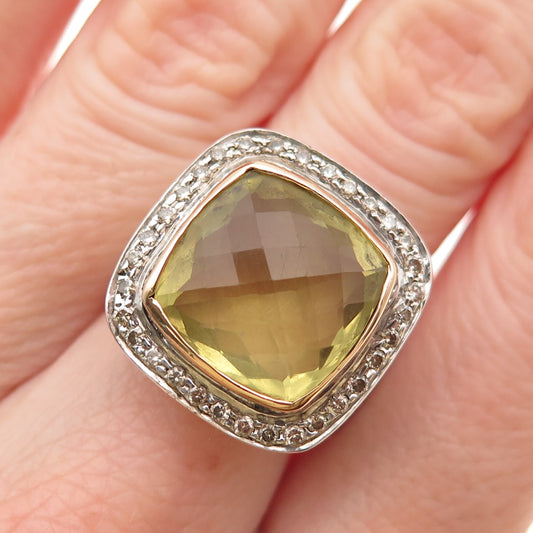925 Sterling 14K Gold Vintage 1992 Real Diamond & Lemon Quartz Ring Size 7.5