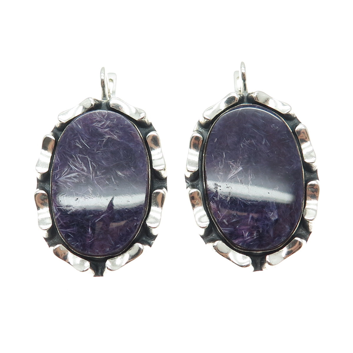 925 Sterling Silver Vintage Portugal Real Charoite Gemstone Modernist Earrings