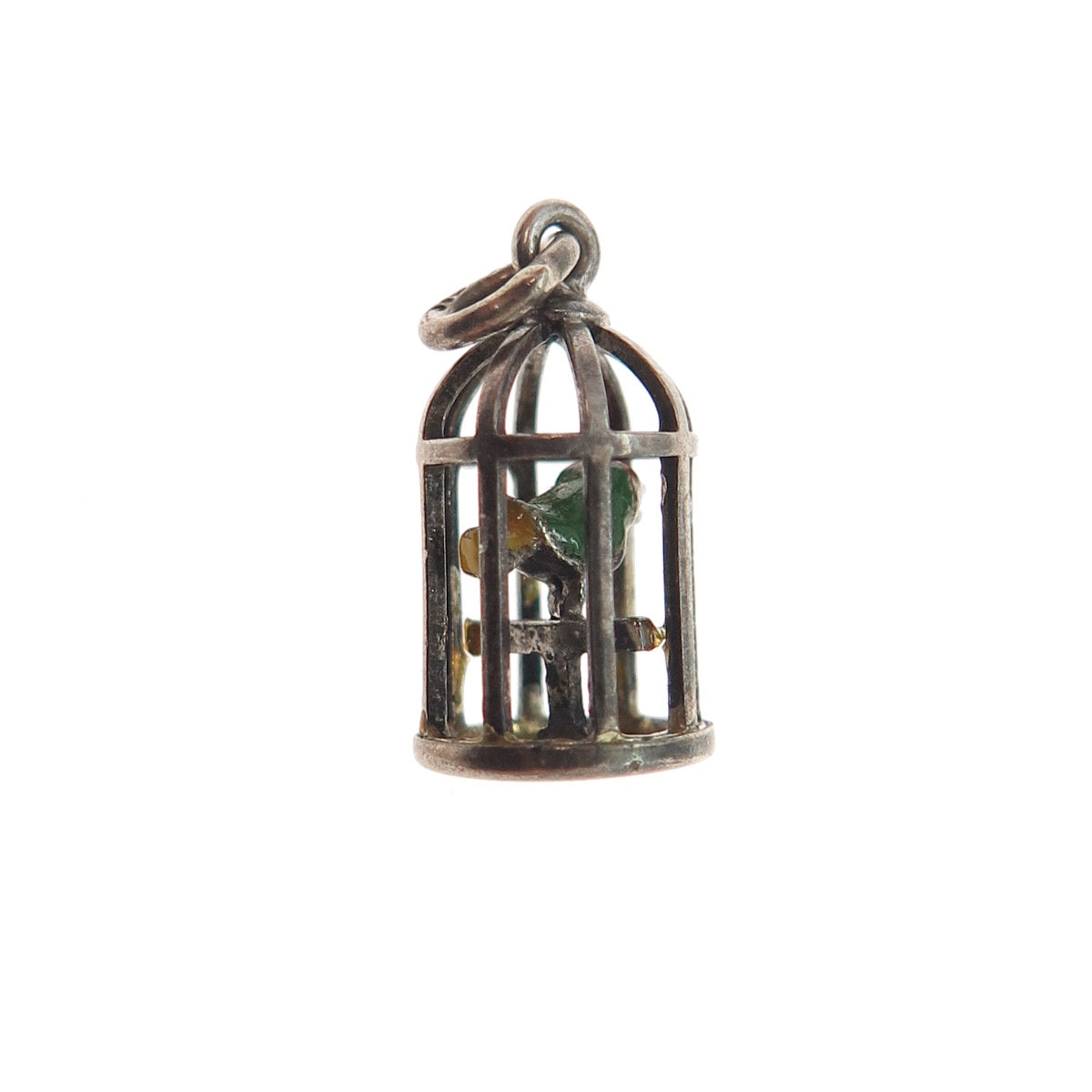 925 Sterling Silver Antique Enamel Bird Cage Oxidized Minimalist 3D Pendant