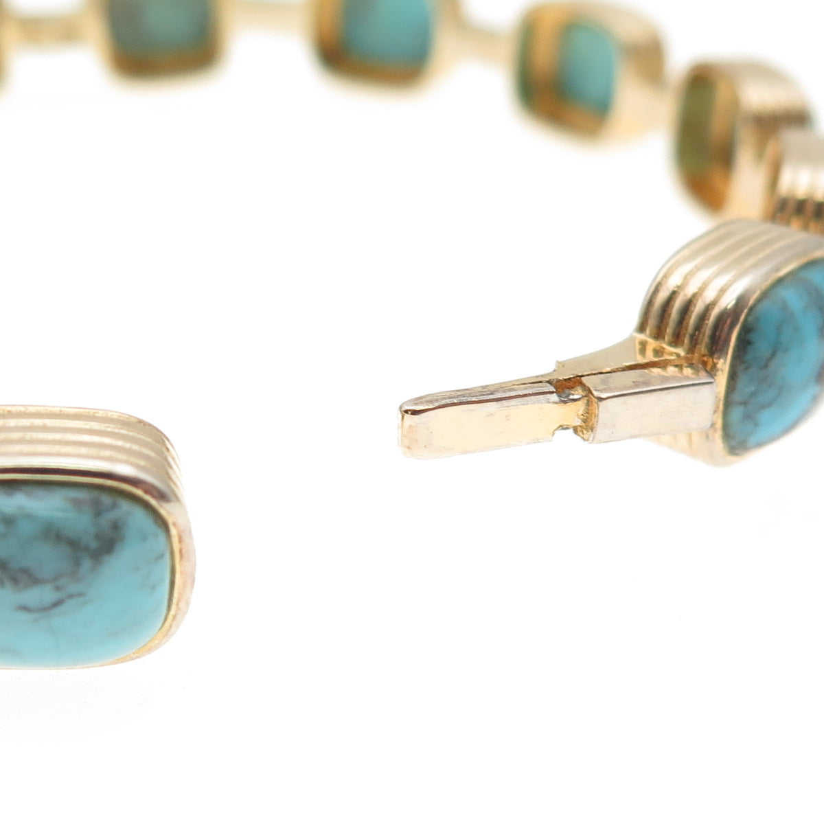 925 Sterling Silver Gold Plated Real Tyrone Turquoise Station Bangle Bracelet 8"
