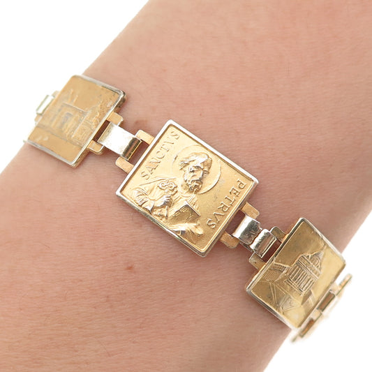 800 Silver Gold Plated Vintage Italy Saints Landmarks Bracelet 7" (missing lock)