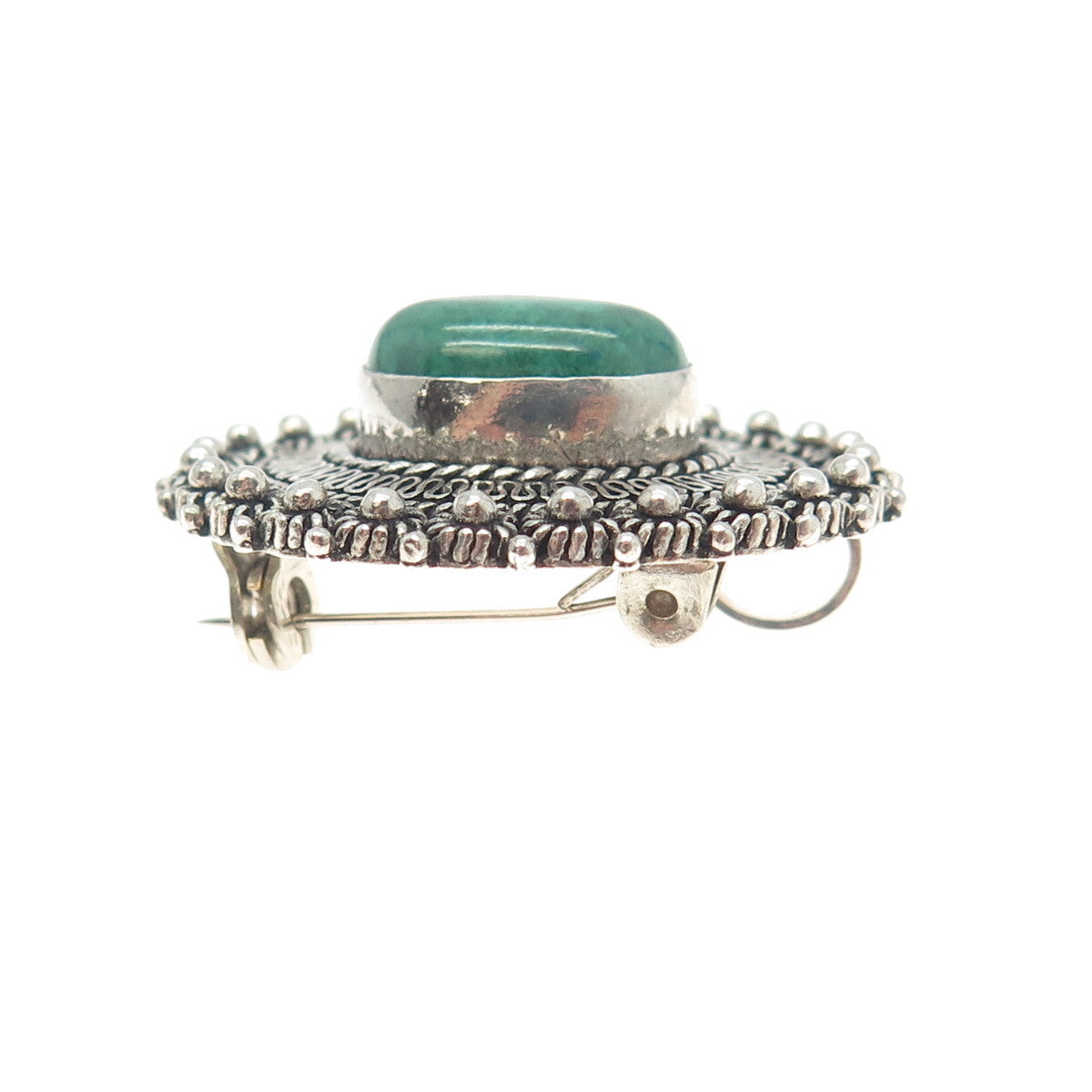 925 Sterling Silver Vintage Real Jade Gemstone Ethnic Pin Brooch / Pendant