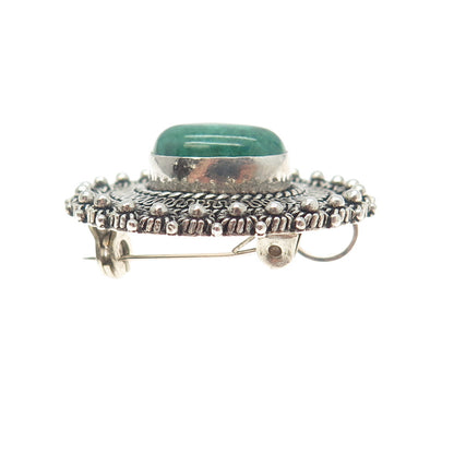 925 Sterling Silver Vintage Real Jade Gemstone Ethnic Pin Brooch / Pendant