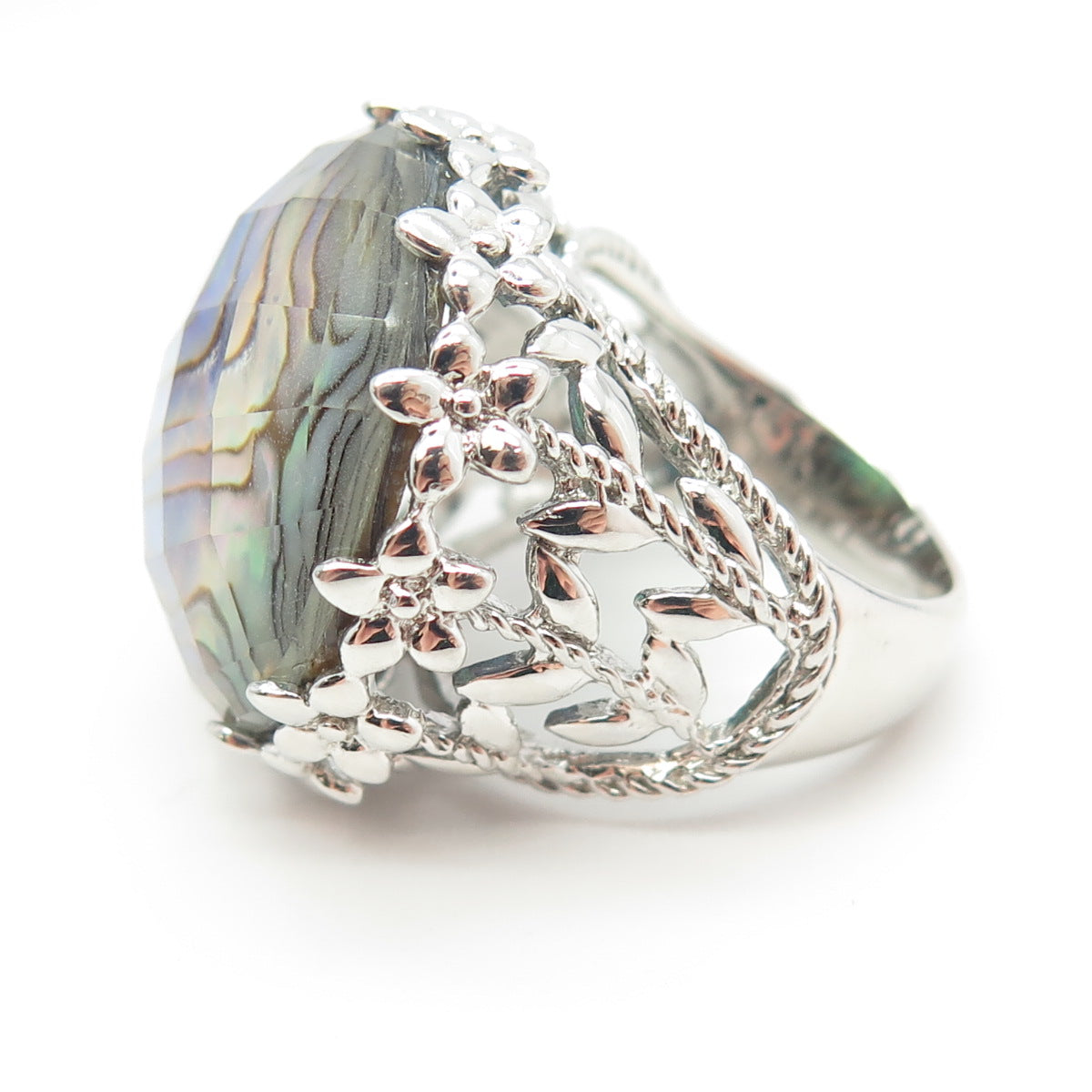 925 Sterling Silver Real Doublet Abalone Shell Floral Wide Ring Size 6.25
