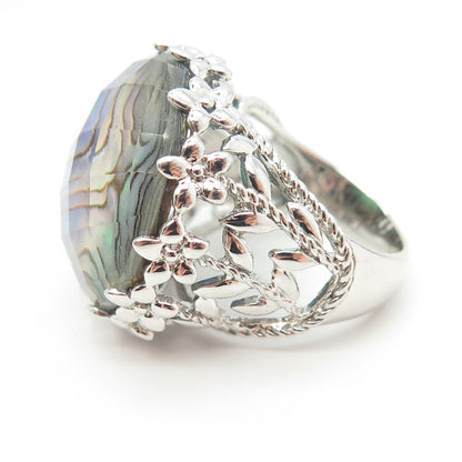 925 Sterling Silver Real Doublet Abalone Shell Floral Wide Ring Size 6.25