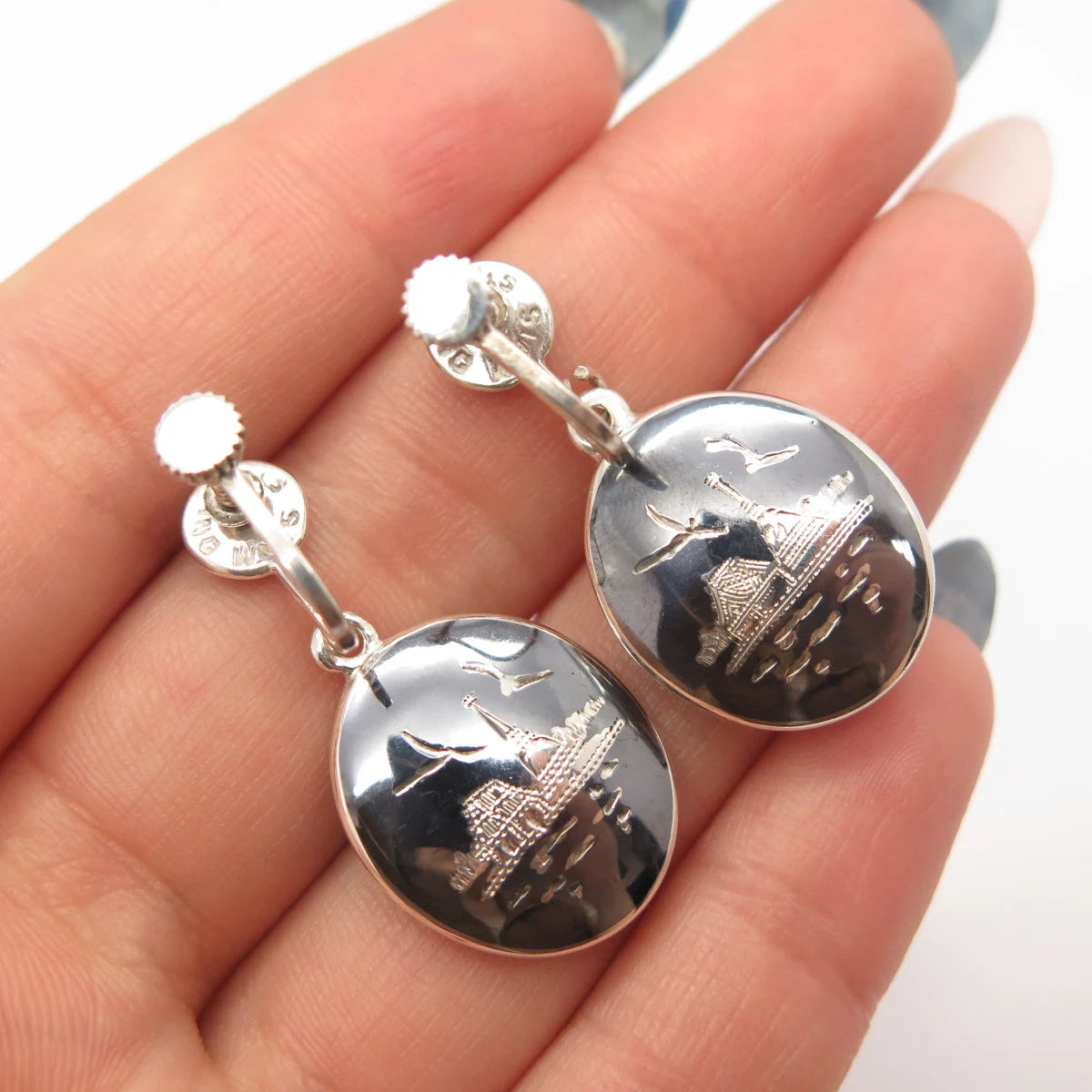 925 Sterling Silver Vintage Siam Niello City Skyline Screw Back Esrrings