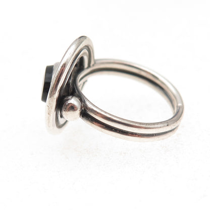 925 Sterling Silver Vintage Real Black Onyx Modernist Oxidized Ring Size 4.75