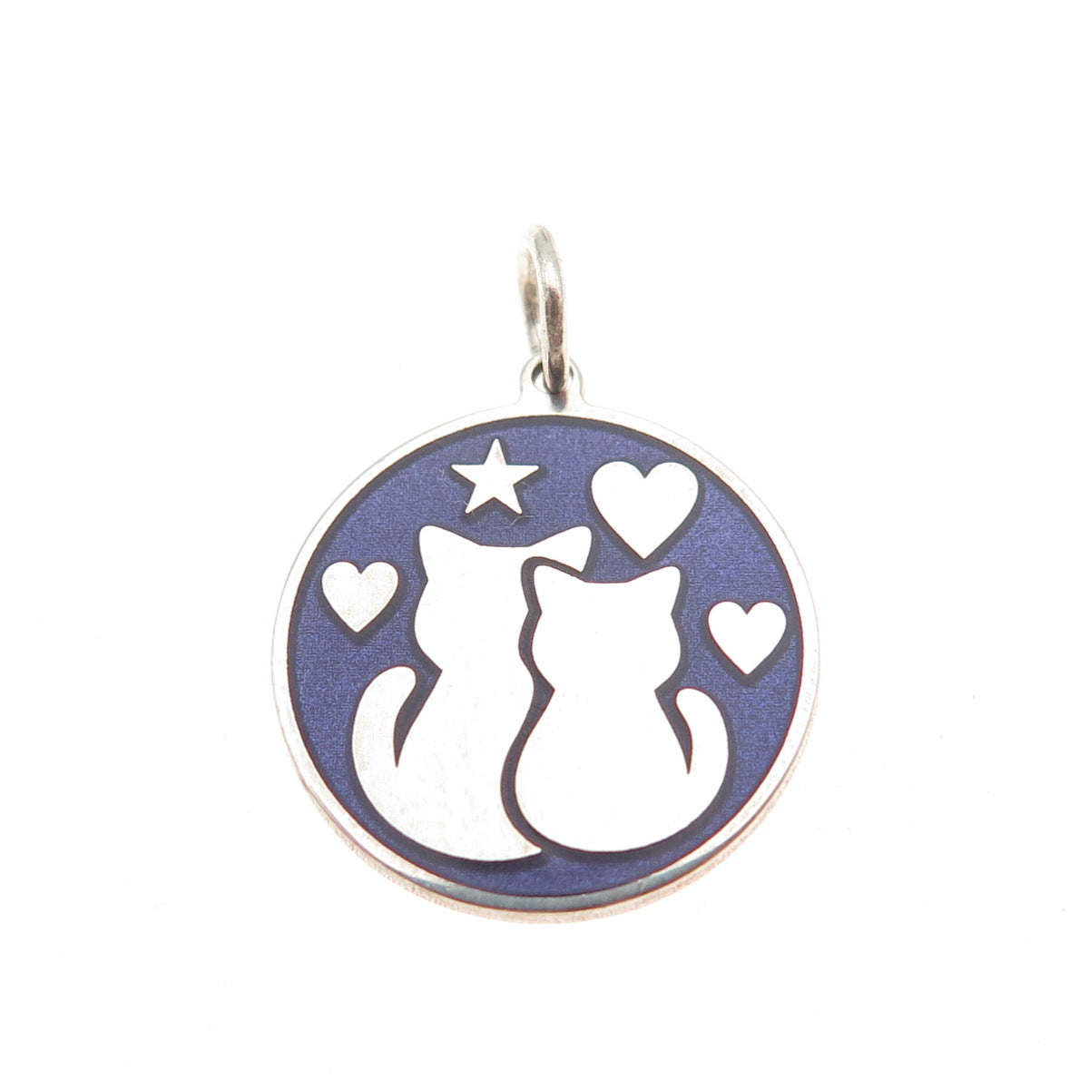 925 Sterling Silver Purple Enamel Cat Couple Round Tag Mini Charm Pendant