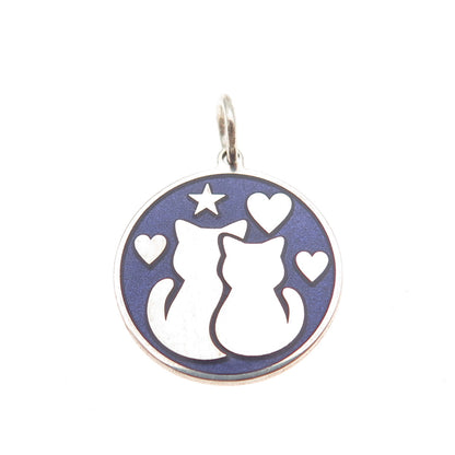 925 Sterling Silver Purple Enamel Cat Couple Round Tag Mini Charm Pendant