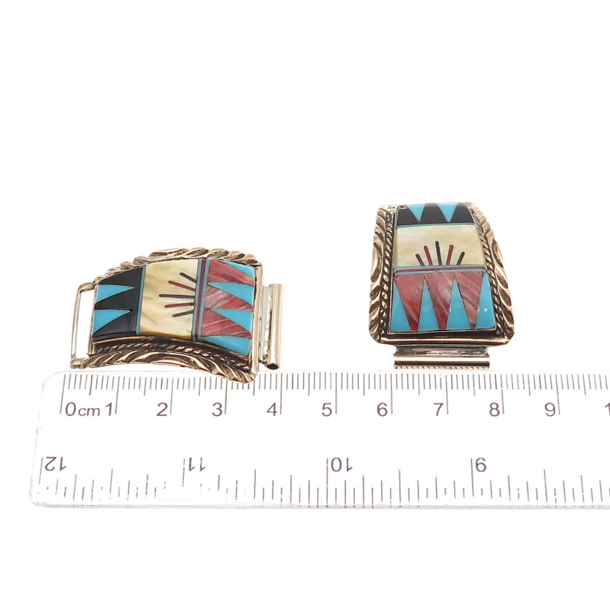 Carol Wylie Navajo Old Pawn Sterling 2-Tone Turquoise Coral Onyx MOP Watch Band