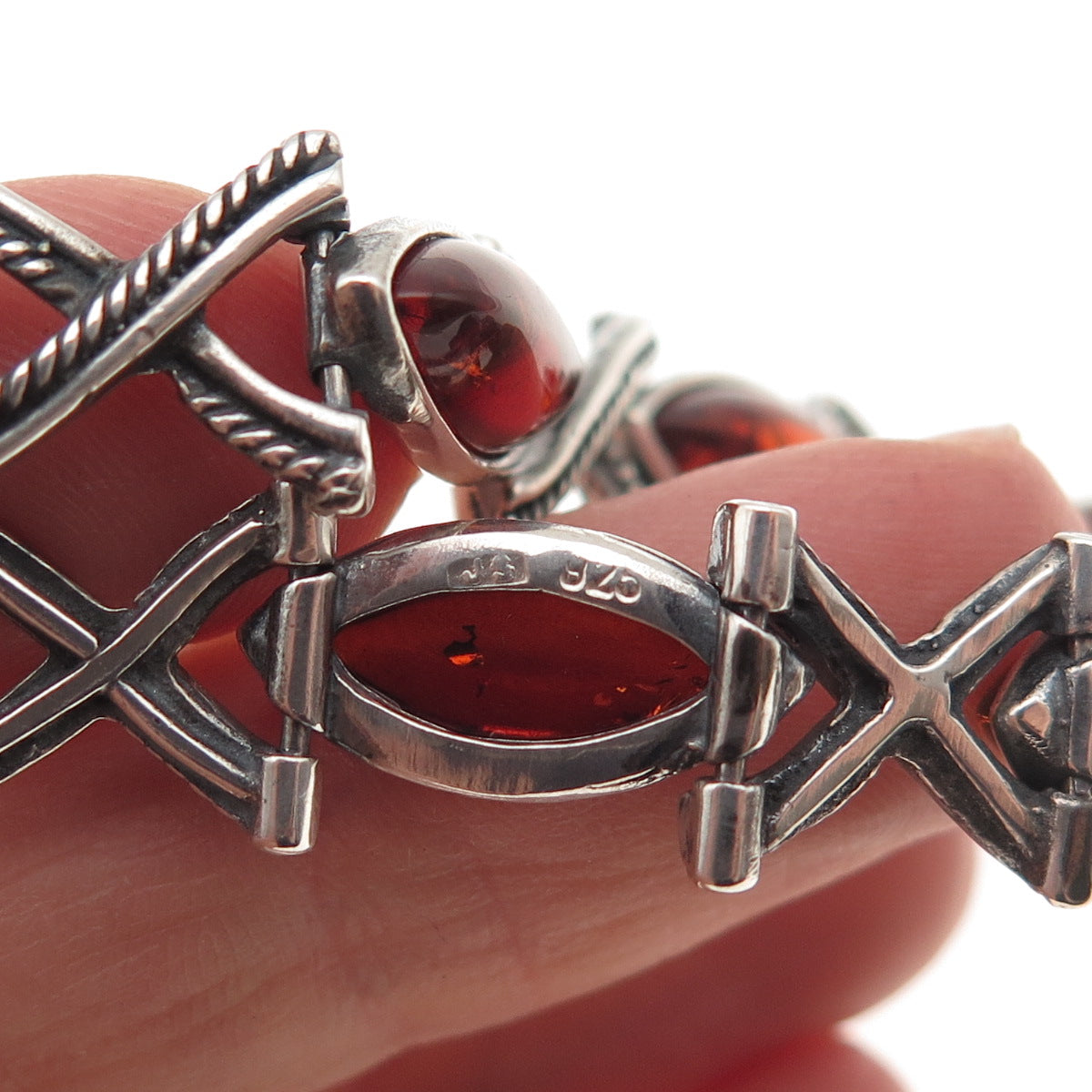 925 Sterling Silver Vintage JS Poland Real Amber X-Shape Oxidized Bracelet 7.75"